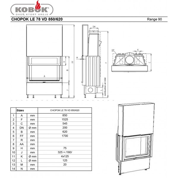 KOBOK  Chopok LE 78, VD 850*630 Каминная топка с подъёмом