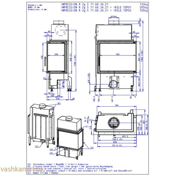 IMPRESSION R/L 2G S 71.60.34.21-угловая каминная топка с черным шамотом