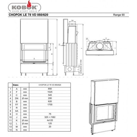 KOBOK  Chopok LE 78, VD 850*630 Каминная топка с подъёмом