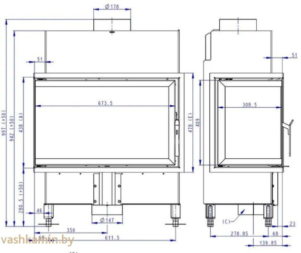 BASIC R/L 2g S 70.44.33.23 - каминная топка угловая