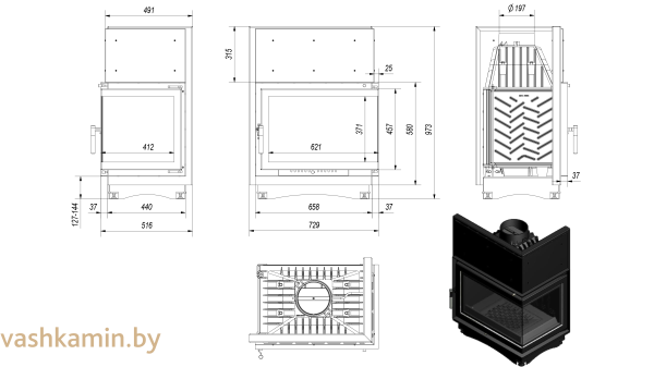 ZUZIA/P/BS 16 Угловая каминная топка Kratki